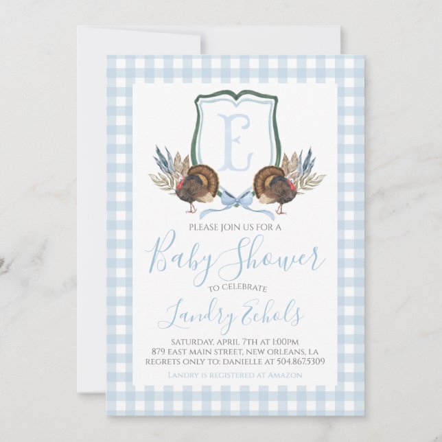 Invitation Preppy Southern Blue Boy Turquie Hunter Baby showe (Devant)