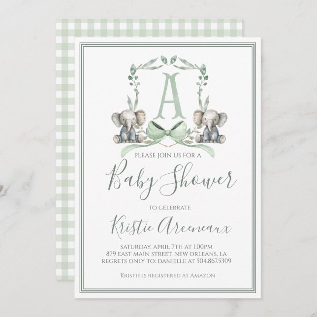 Invitation Preppy Southern Sage Boy Elephant Baby shower (Devant / Derrière)