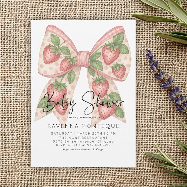 Invitation Preppy Strawberry Bow Personalized Baby Shower  (Créateur téléchargé)