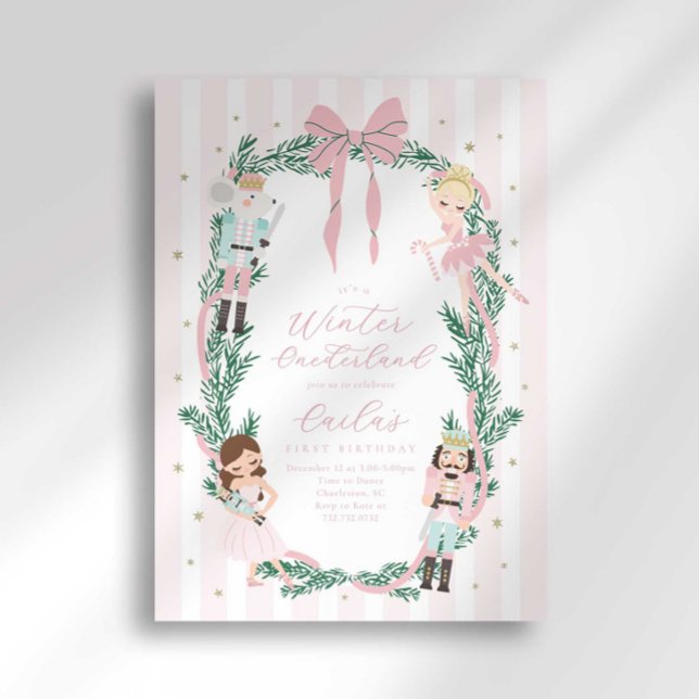 Invitation Preppy Stripe Bow Nutcracker Ballet First Birthday (Créateur téléchargé)