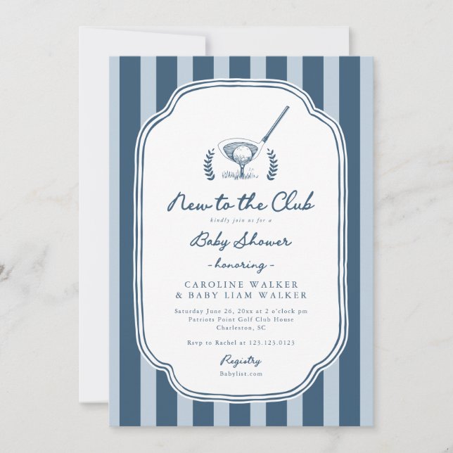 Invitation Preppy Stripe New to the Club Golf Baby Shower (Devant)