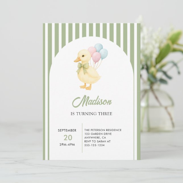 Invitation Preppy Stripes Cute Duck Theme Kids Birthday Party (Debout devant)