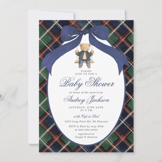 Invitation Preppy Tartan Plaid Ralph Polo Bear Baby Shower (Devant)
