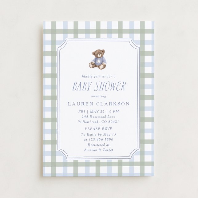 Invitation Preppy Teddy Bear Blue and Sage Plaid Baby Shower  (Créateur téléchargé)