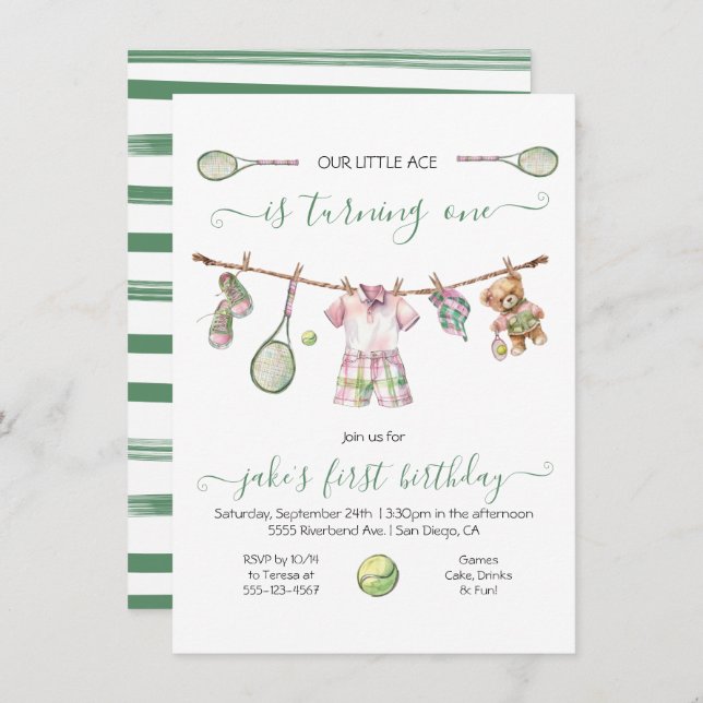 Invitation Preppy Tennis Boy Anniversaire tournant un (Devant / Derrière)