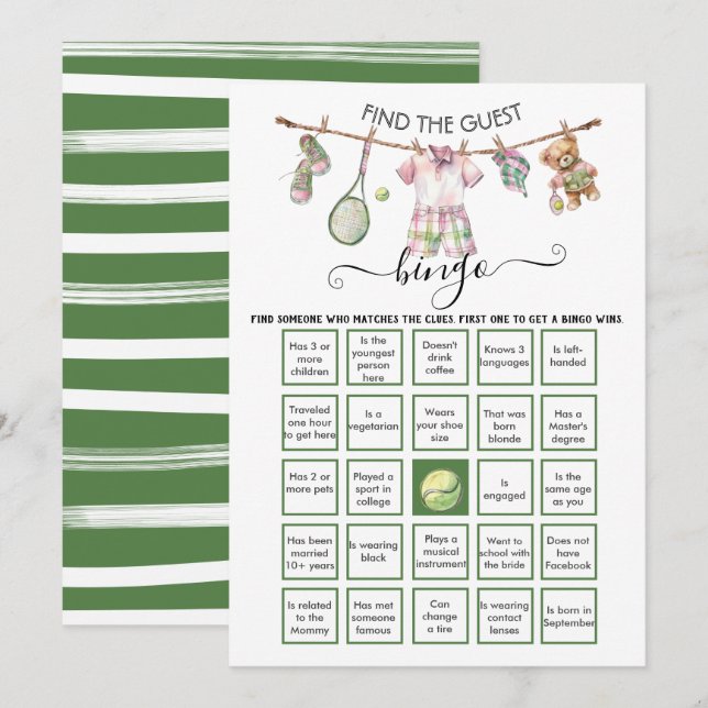 Invitation Preppy Tennis Trouvez l'invité BINGO (Devant / Derrière)