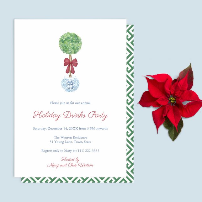 Invitation Preppy Topiary Tree Red Green Holiday Boissons Par (Preppy Boxwood topiary with red bow Holiday Drinks Party Invite. Reverse is green white greek key)