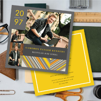 Invitation Preppy Yellow Pin Stripes Photo Graduation Party