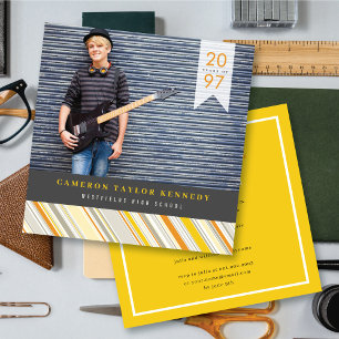 Invitation Preppy Yellow Pin Stripes Photo Graduation Party