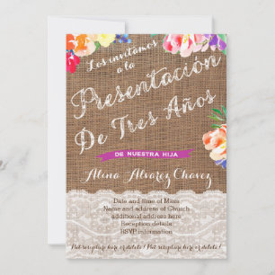 Invitation présentacion de tres años para niña, flores