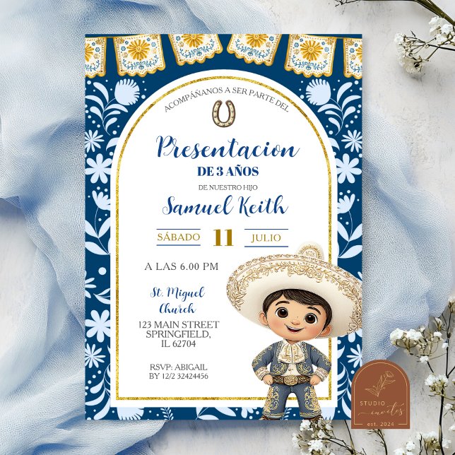 Invitation Présentation de 3 ans Cielito Lindo Bleu Marine Ar (Créateur téléchargé)