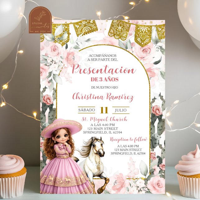 Invitation Présentation de 3 ans fille charra mexicaine fleur (Créateur téléchargé)