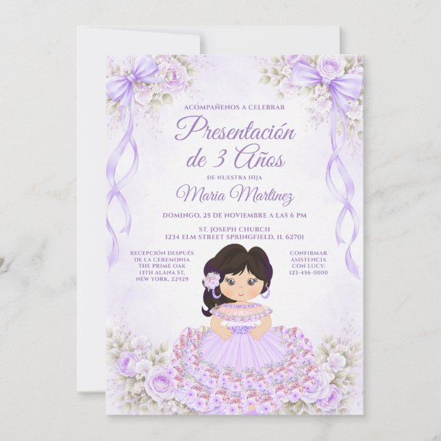 Invitation Présentation de 3 Ans Fille Espagnole Ruban Violet (Devant)