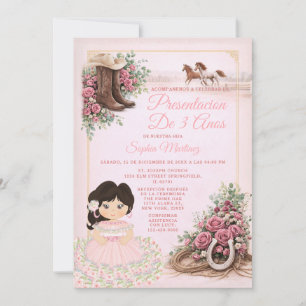 Invitation Présentation de 3 ans florale rose western espagno
