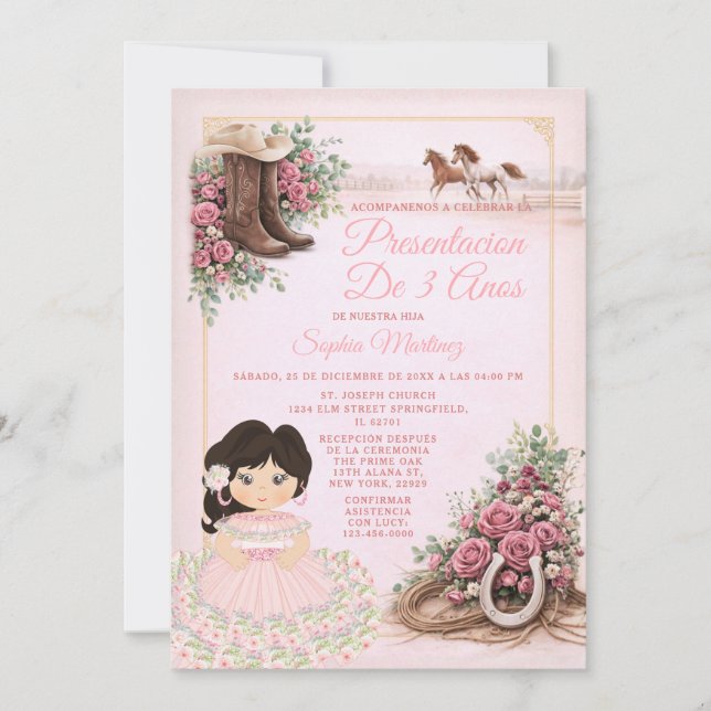 Invitation Présentation de 3 ans florale rose western espagno (Devant)
