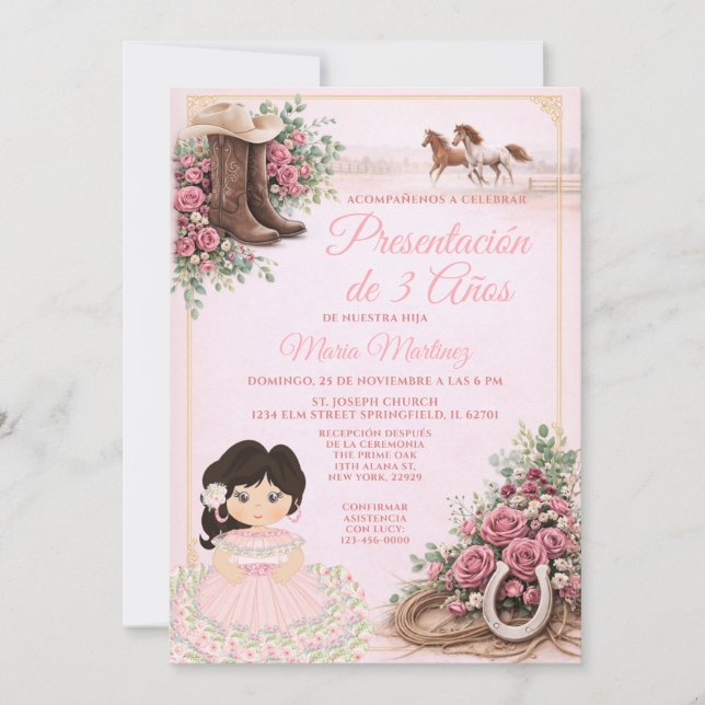 Invitation Présentation de 3 Ans Florale Rose Western Espagno (Devant)