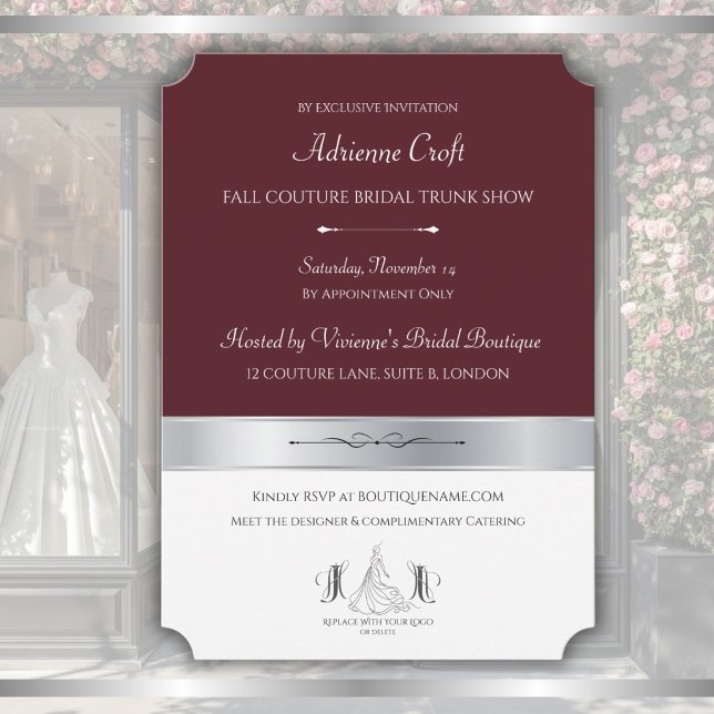 Invitation Présentation de collection de luxe dans une boutiq (Premium deep crimson and silver trunk show invitation template for luxury bridal boutique events)