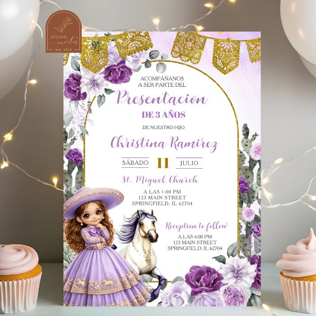 Invitation Présentation de Fille Charra Mexicaine Fleur Viole (Créateur téléchargé)