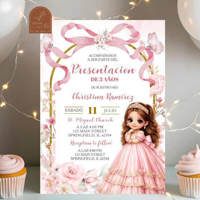 Invitation Présentation de fille en rose pâle avec noeud papi (Créateur téléchargé)
