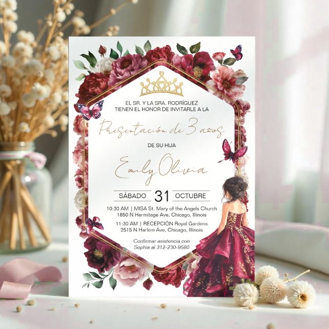 Invitation Présentation florale bordeaux pour 3 ans (Créateur téléchargé)