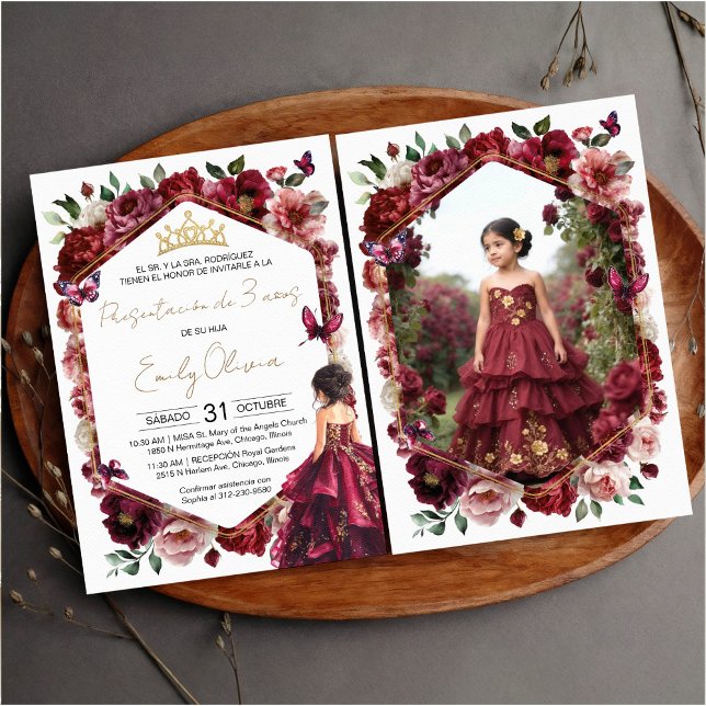 Invitation Présentation florale bordeaux pour 3 ans Photo (Créateur téléchargé)