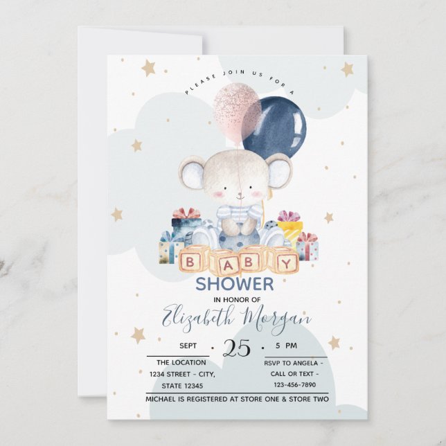 Invitation Présentation Ours en Peluche Nuage Baby Shower (Devant)