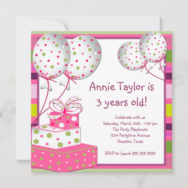 Invitation Présentations de Ballons Roses pour les 3 ans d'un (Devant)
