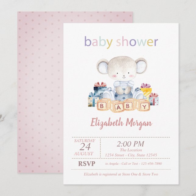 Invitation Présents d'ourson Dots Baby Shower  (Devant / Derrière)