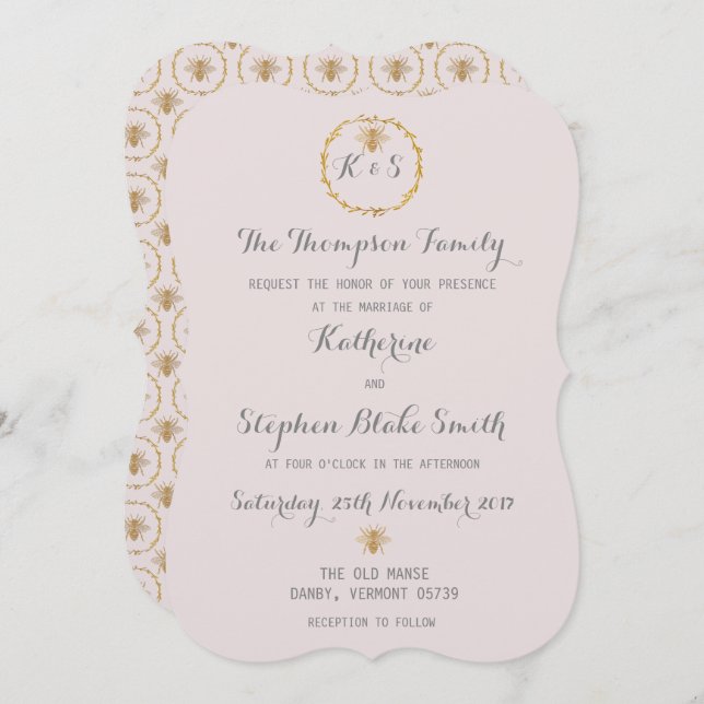 Invitation Presque Mauve Lilac Gold Foil Golden Bees Mariage (Devant / Derrière)
