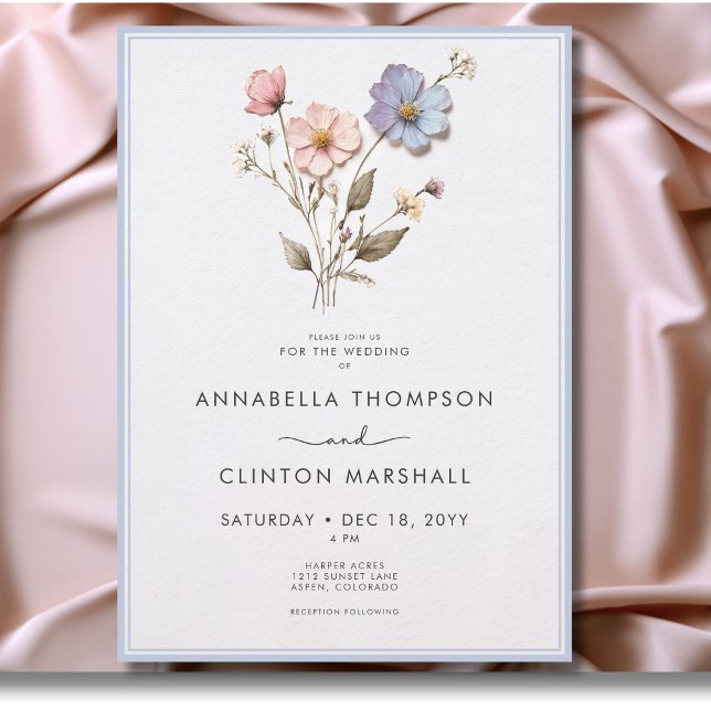 Invitation Pressé moderne Pastel Fleur sauvage Mariage bleu (Modern Pressed Pastel Wildflowers Wedding Invitation)