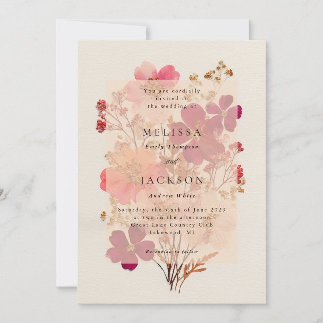 Invitation Pressé rose rouge et crème, Mariage floral Invitat (Devant)
