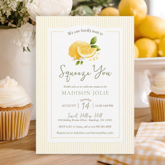 Invitation Presse Vous Citrons Modernes Neutres Baby Shower (Cute Squeeze You modern simple watercolor lemon yellow stripes gender neutral baby shower invitation)