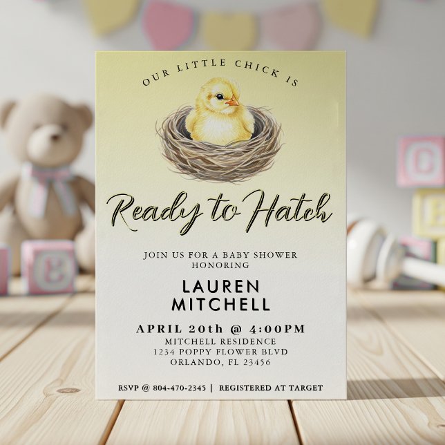 Invitation Prêt À Atteindre Le Baby shower Chick De Ressort J (Ready To Hatch Yellow Spring Chick Baby Shower Invitation
)