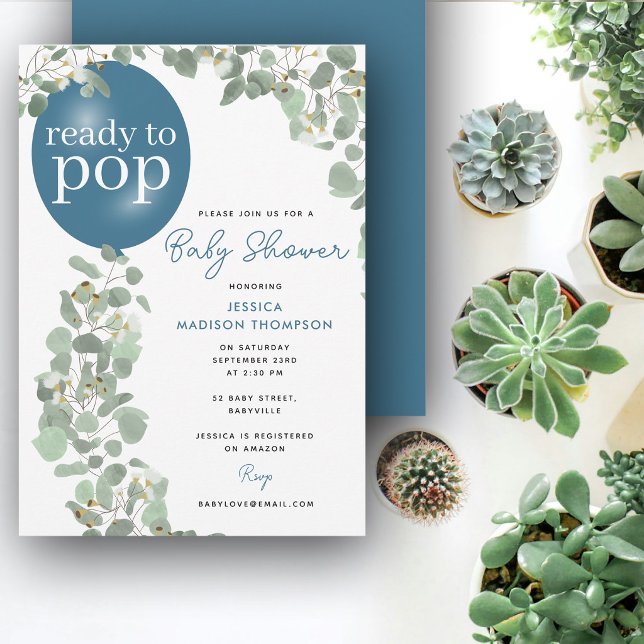 Invitation Prêt à éclater Garçon Eucalyptus Ballon Baby Showe (Ready to Pop Boy Eucalyptus Balloon Baby Shower Invitation)