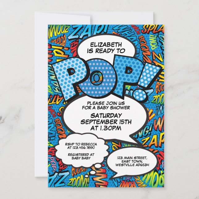 Invitation Prêt à éclore Baby Shower Bande dessinée Fun Blue (Devant)