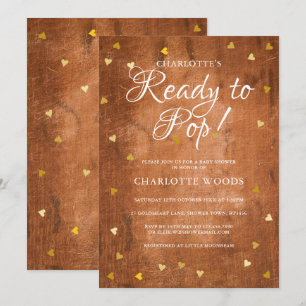 Invitation Prêt à éclore Baby Shower Cœurs Dorés Bois Rustiqu