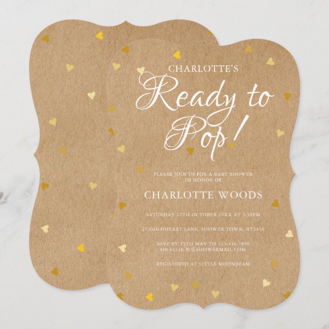 Invitation Prêt à éclore Cœurs dorés Baby Shower Kraft rustiq (Devant / Derrière)