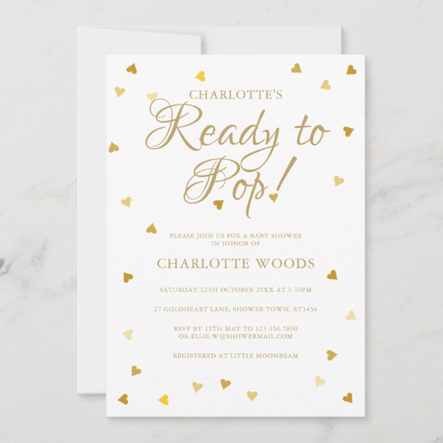 Invitation Prêt à faire éclater des cœurs dorés Baby Shower / (Devant)