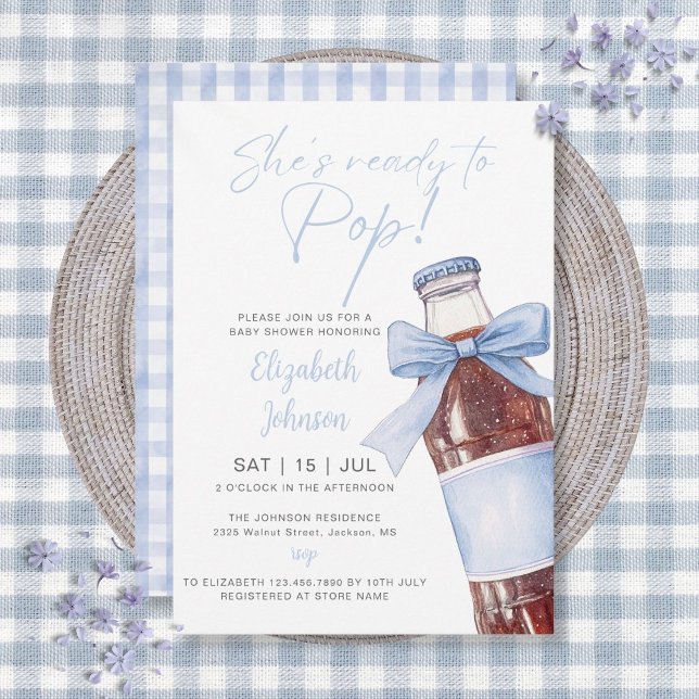 Invitation Prêt à faire éclater la bouteille de soda avec un  (Ready To Pop Soda Bottle Blue Bow Baby Shower Invitation)