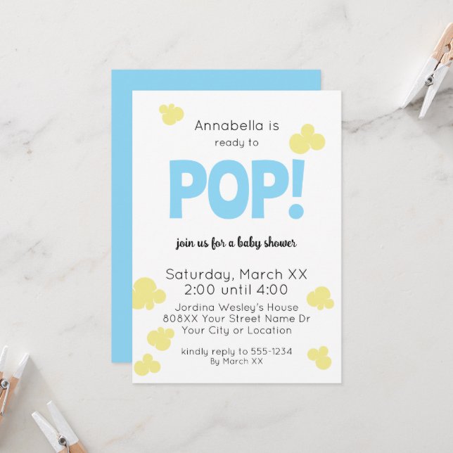 Invitation Prêt à faire Pop Cute Boy Blue Popcorn Baby shower (Devant/Arrière en situation)