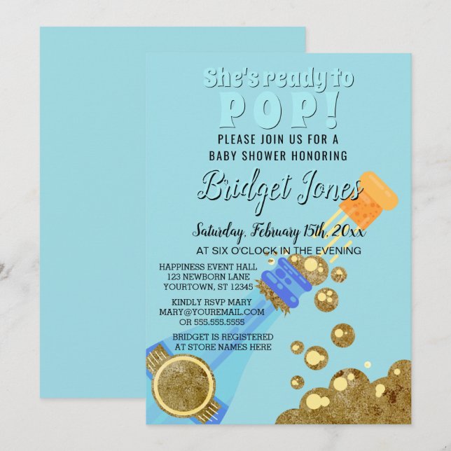 Invitation Prêt à piquer du Champagne Baby Blue Boy Shower (Devant / Derrière)
