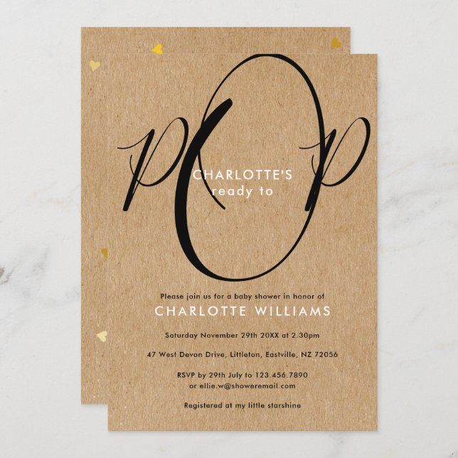Invitation Prêt à pop Baby shower chic Script rustique Kraft (Devant / Derrière)