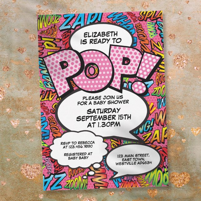 Invitation Prêt à pop Baby shower Comic Book Fun Pink (Ready to Pop Baby Shower Comic Book Fun Pink Invitation)