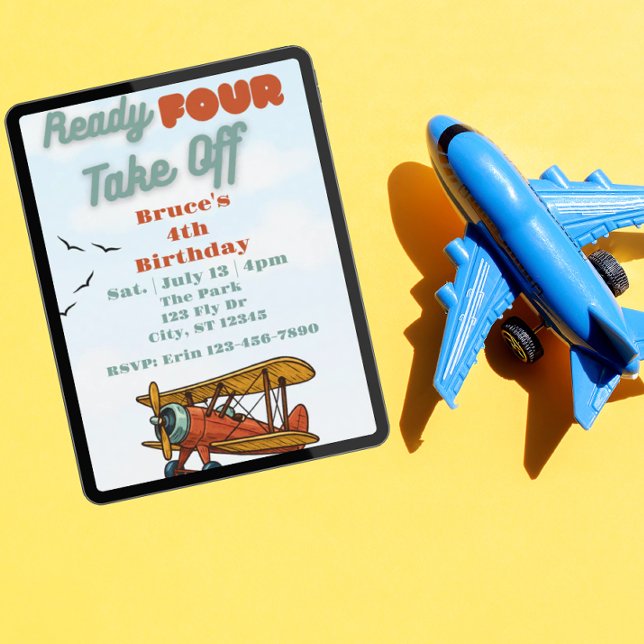 Invitation Prêt POUR Décoller, avion 4e Anniversaire (Créateur téléchargé)