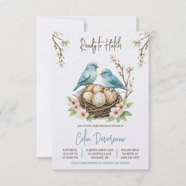 Invitation Prêt pour Hatch ! Baby shower des oiseaux nicheurs (Devant)