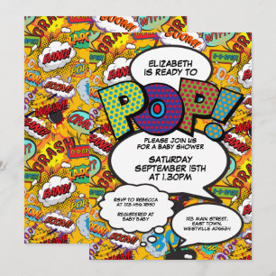Invitation Prêt pour la pop Baby shower Comic Book Modern