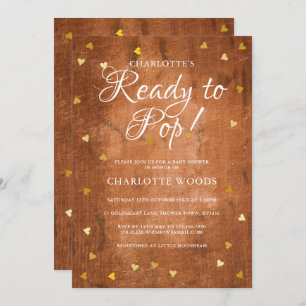 Invitation Prêt pour la pop Baby shower Gold Hearts Rustic Wo