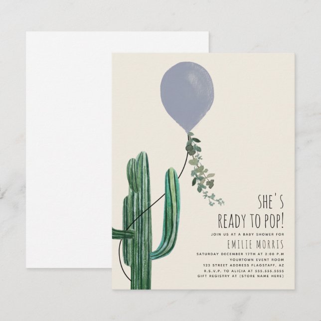 Invitation Prêt pour la pop Balloon Cactus Baby shower bleu  (Devant / Derrière)