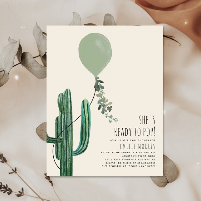 Invitation Prêt pour la pop Balloon Cactus Baby shower vert (Créateur téléchargé)