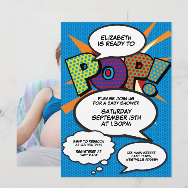 Invitation Prêt pour pop Baby shower Bleu BD livre photo (Devant / Derrière)